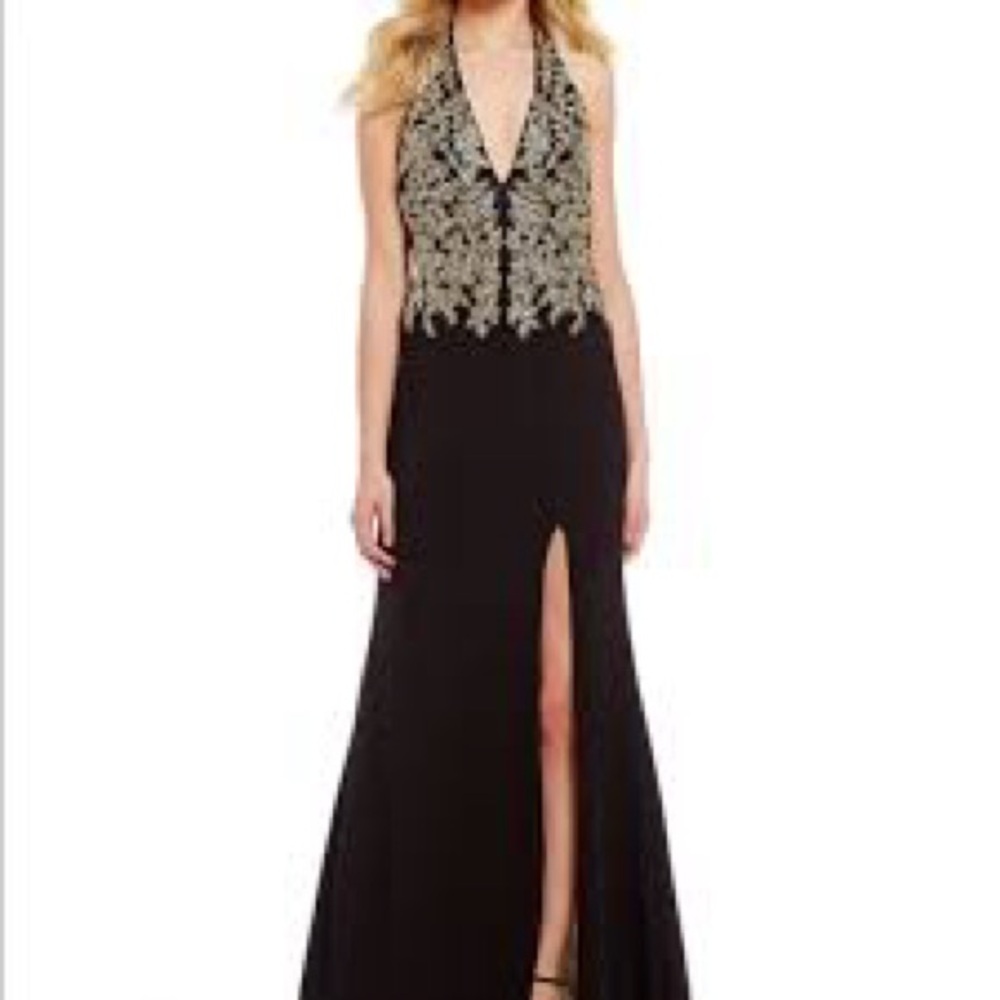 NIGHTS by TEEZE ME Elegant Black Gold Embellished Evening Gown Prom Dress Formal - Picture 3 of 11